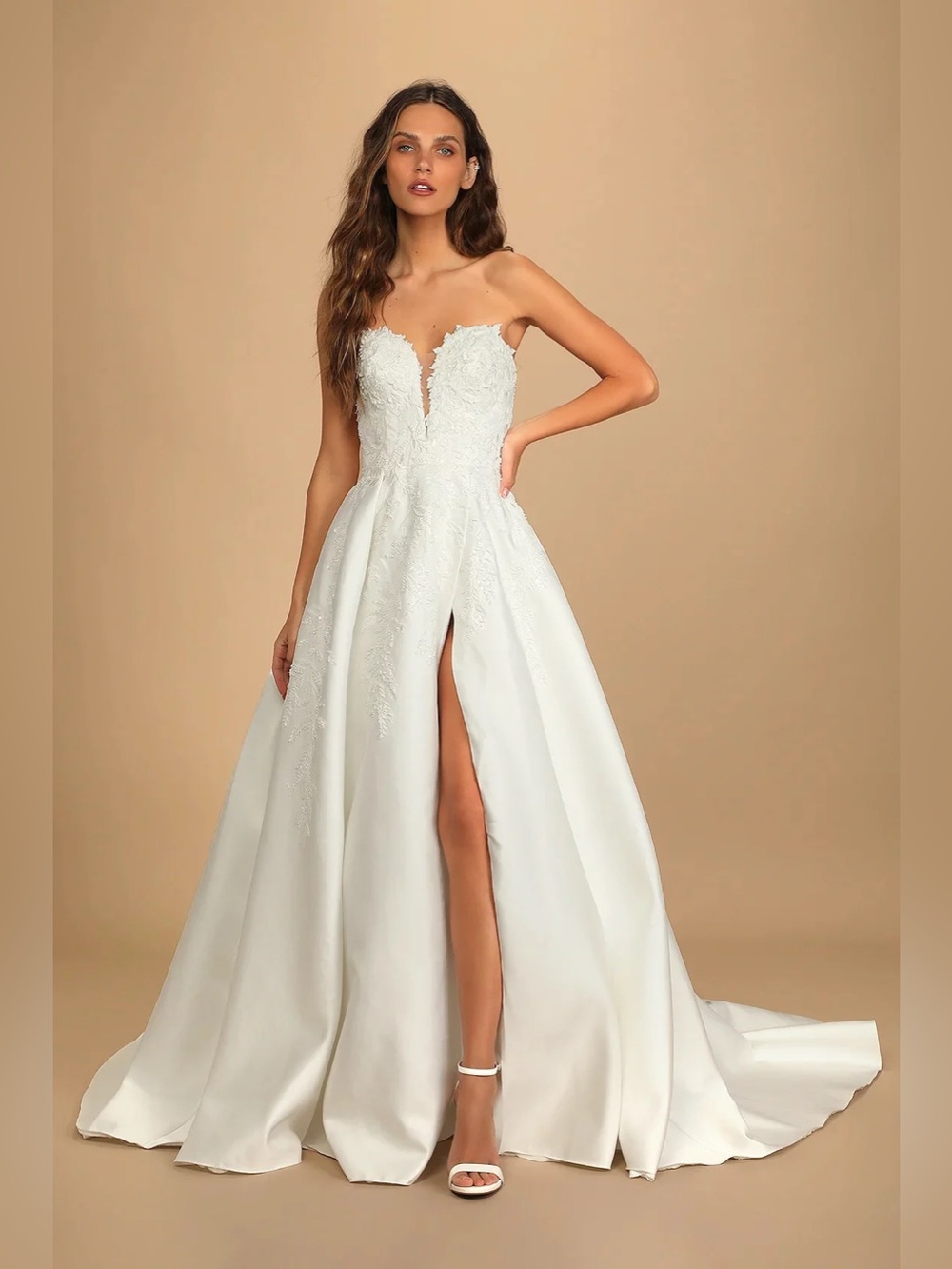 Lulu’s Now and Always White Beaded Embroidered Strapless Gown